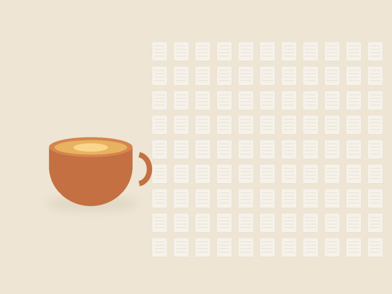 A single warm terracotta cup set apart from a grid of identical pale paper copies